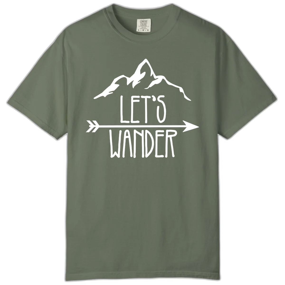 White mountain peaks with 'Let's Go Wander' text and directional arrow on gray background, minimalist camping design in Moss