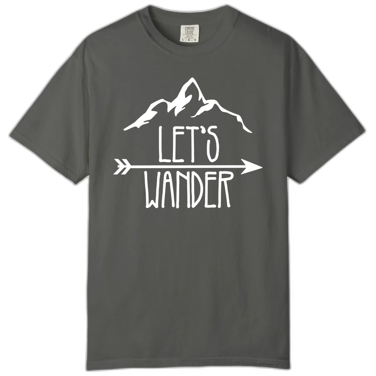 White mountain peaks with 'Let's Go Wander' text and directional arrow on gray background, minimalist camping design in Pepper