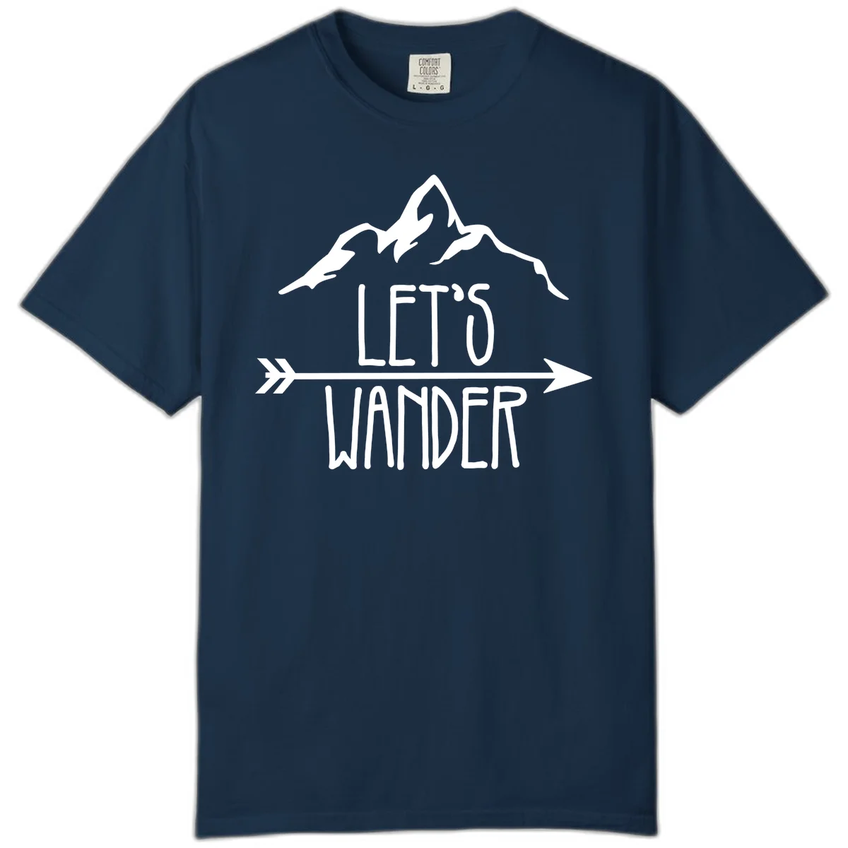 White mountain peaks with 'Let's Go Wander' text and directional arrow on gray background, minimalist camping design in True Navy