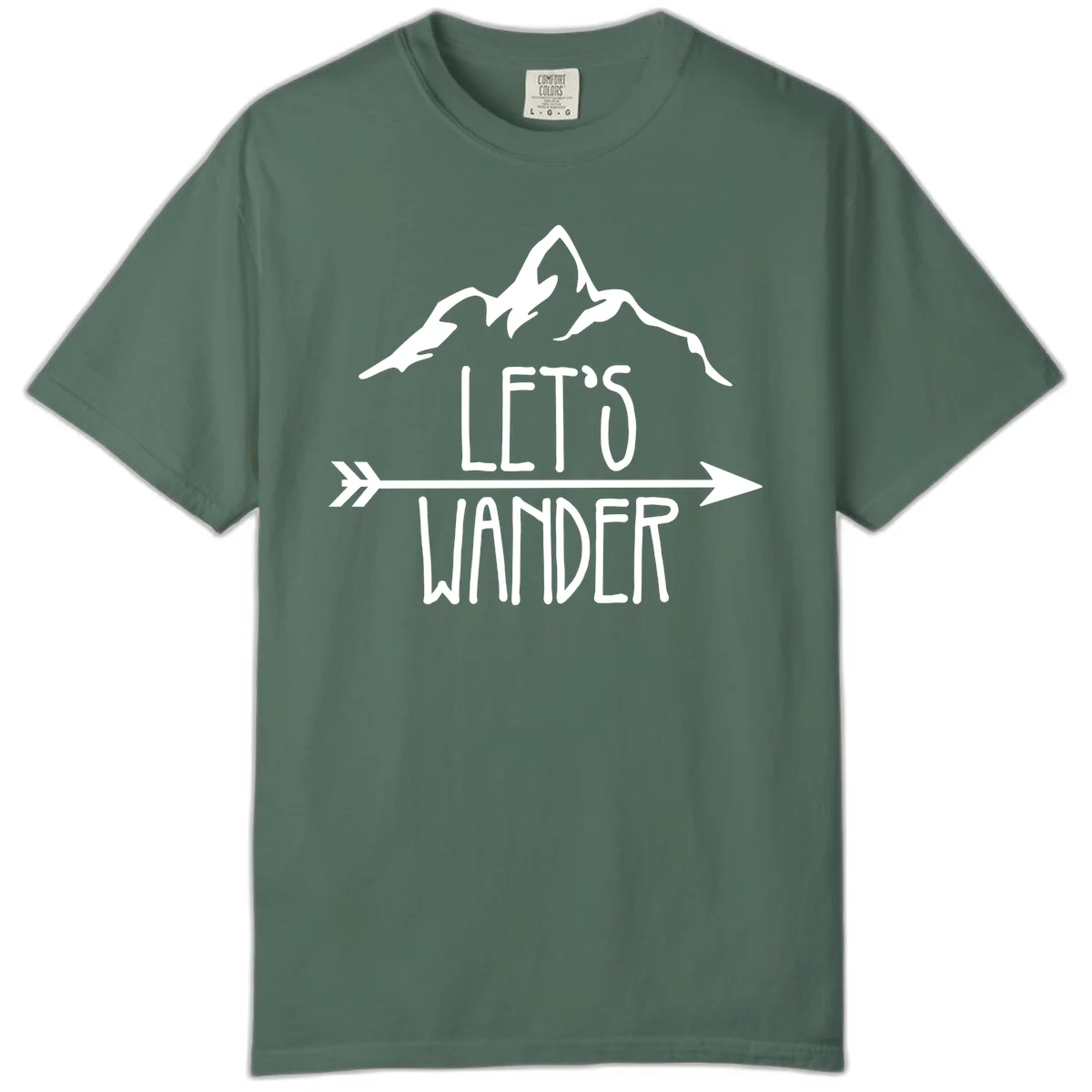 White mountain peaks with 'Let's Go Wander' text and directional arrow on gray background, minimalist camping design in Blue Spruce