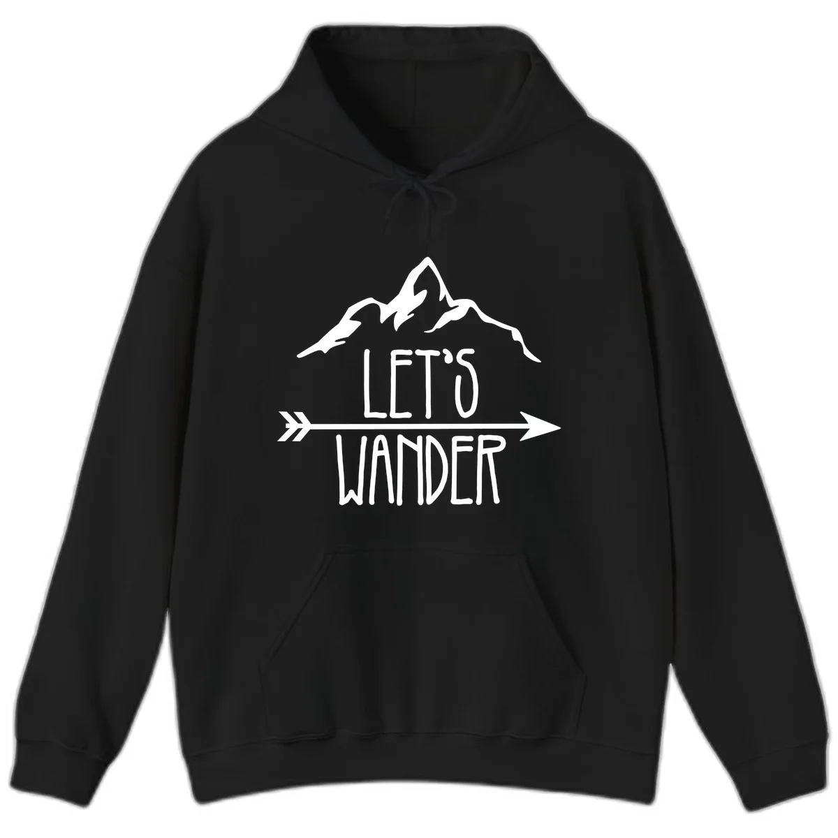 White mountain peaks with 'Let's Go Wander' text and directional arrow on gray background, minimalist camping design in Black