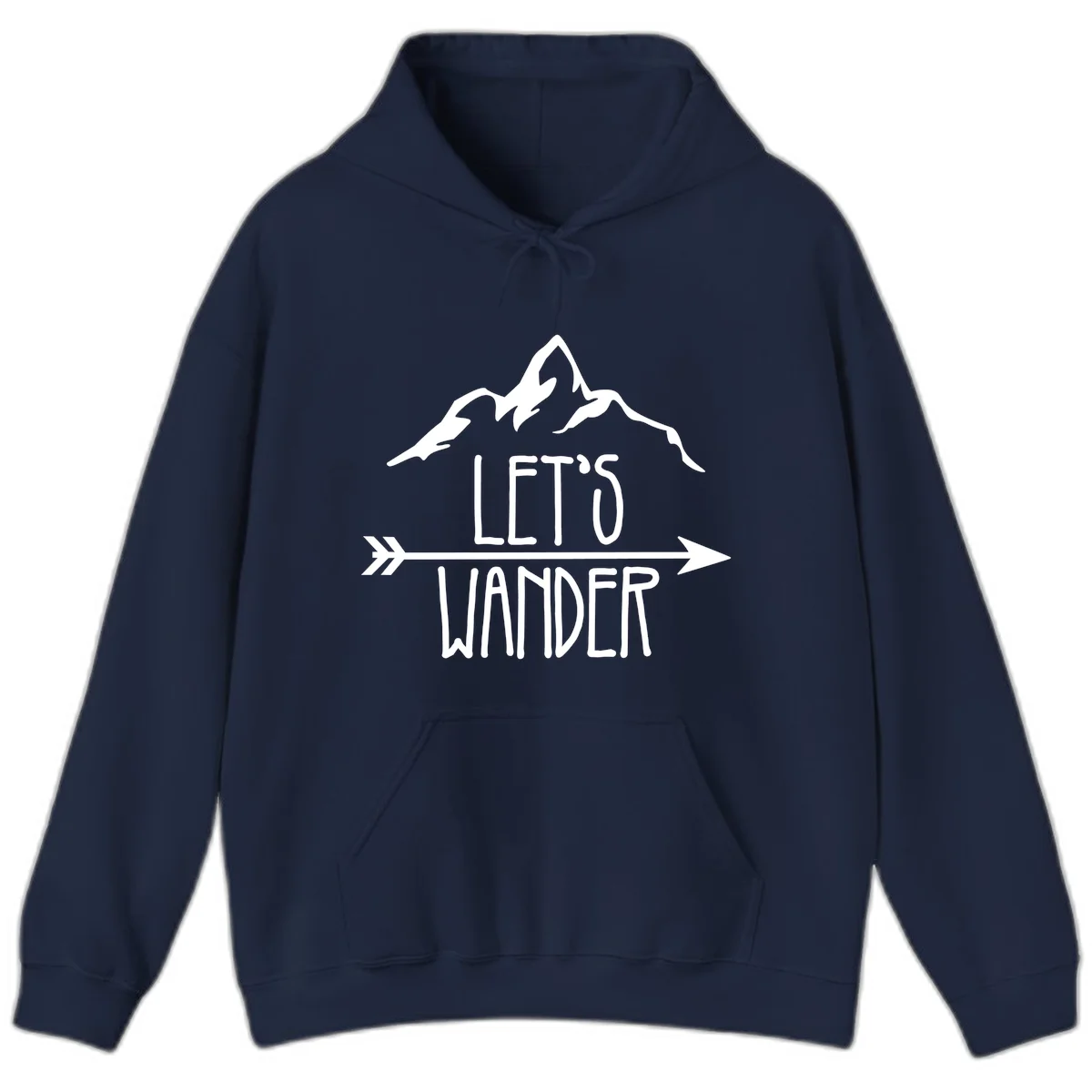 White mountain peaks with 'Let's Go Wander' text and directional arrow on gray background, minimalist camping design in Navy