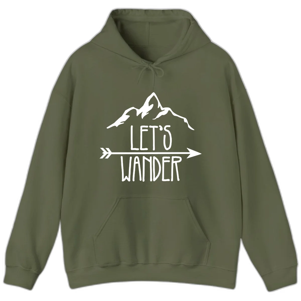 White mountain peaks with 'Let's Go Wander' text and directional arrow on gray background, minimalist camping design in Military Green