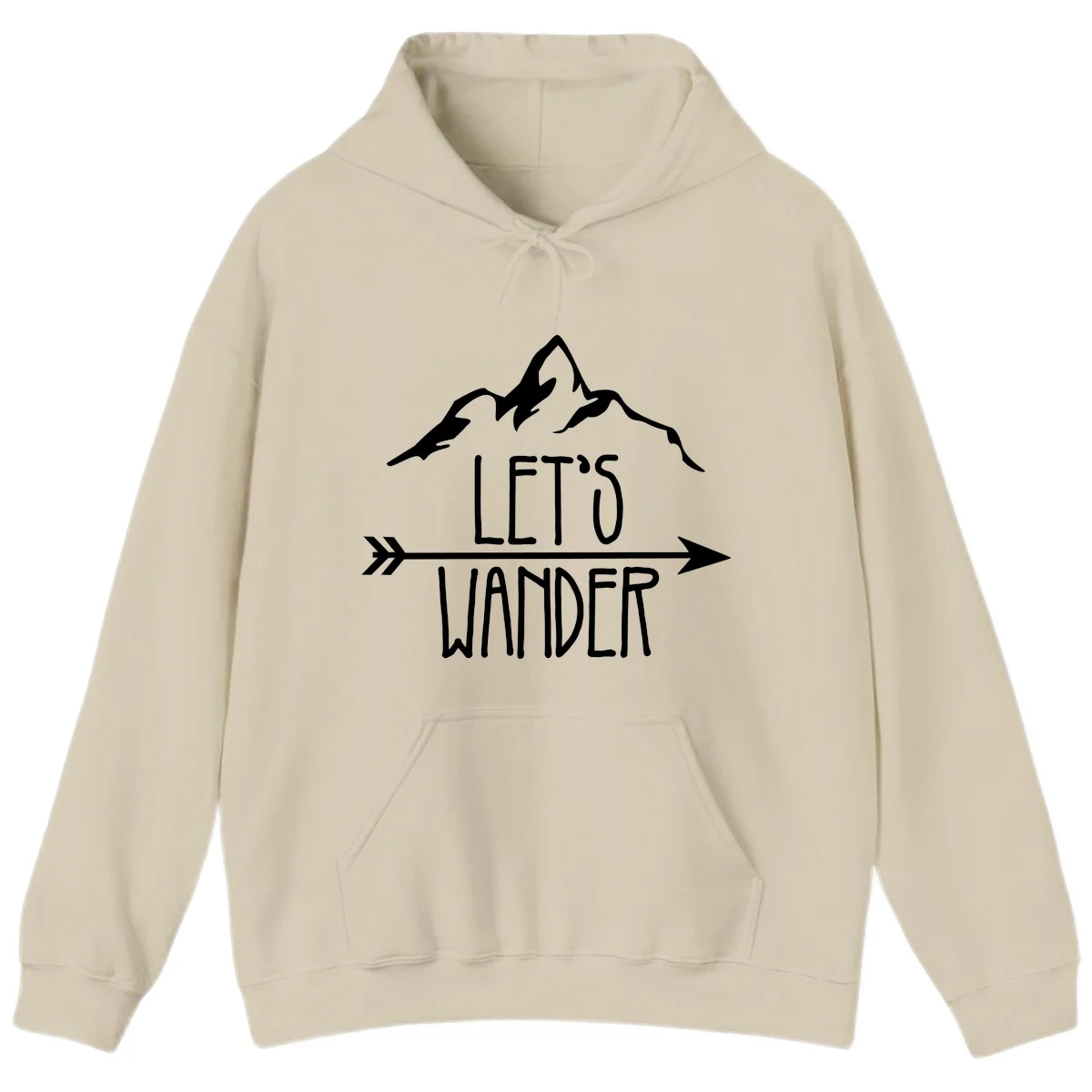 White mountain peaks with 'Let's Go Wander' text and directional arrow on gray background, minimalist camping design in Sand