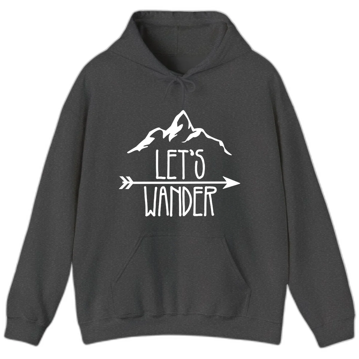 White mountain peaks with 'Let's Go Wander' text and directional arrow on gray background, minimalist camping design in Dark Heather
