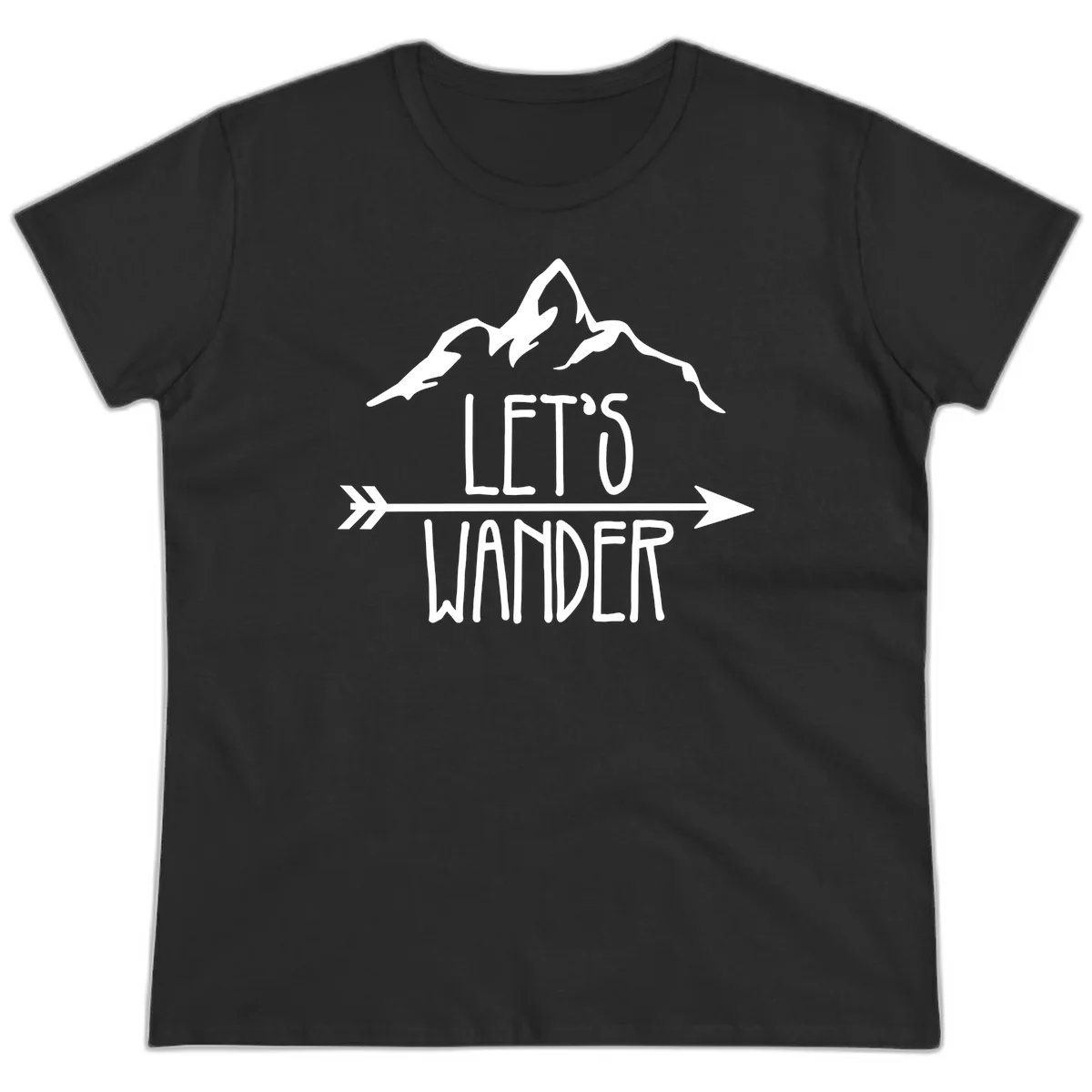 White mountain peaks with 'Let's Go Wander' text and directional arrow on gray background, minimalist camping design in Black