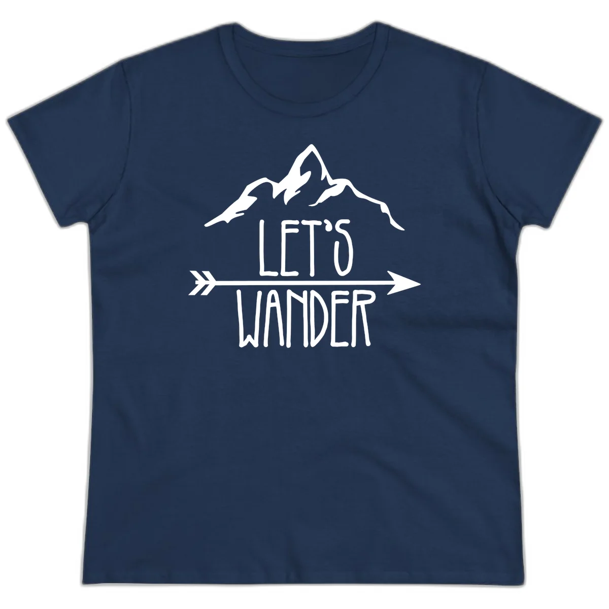 White mountain peaks with 'Let's Go Wander' text and directional arrow on gray background, minimalist camping design in Navy