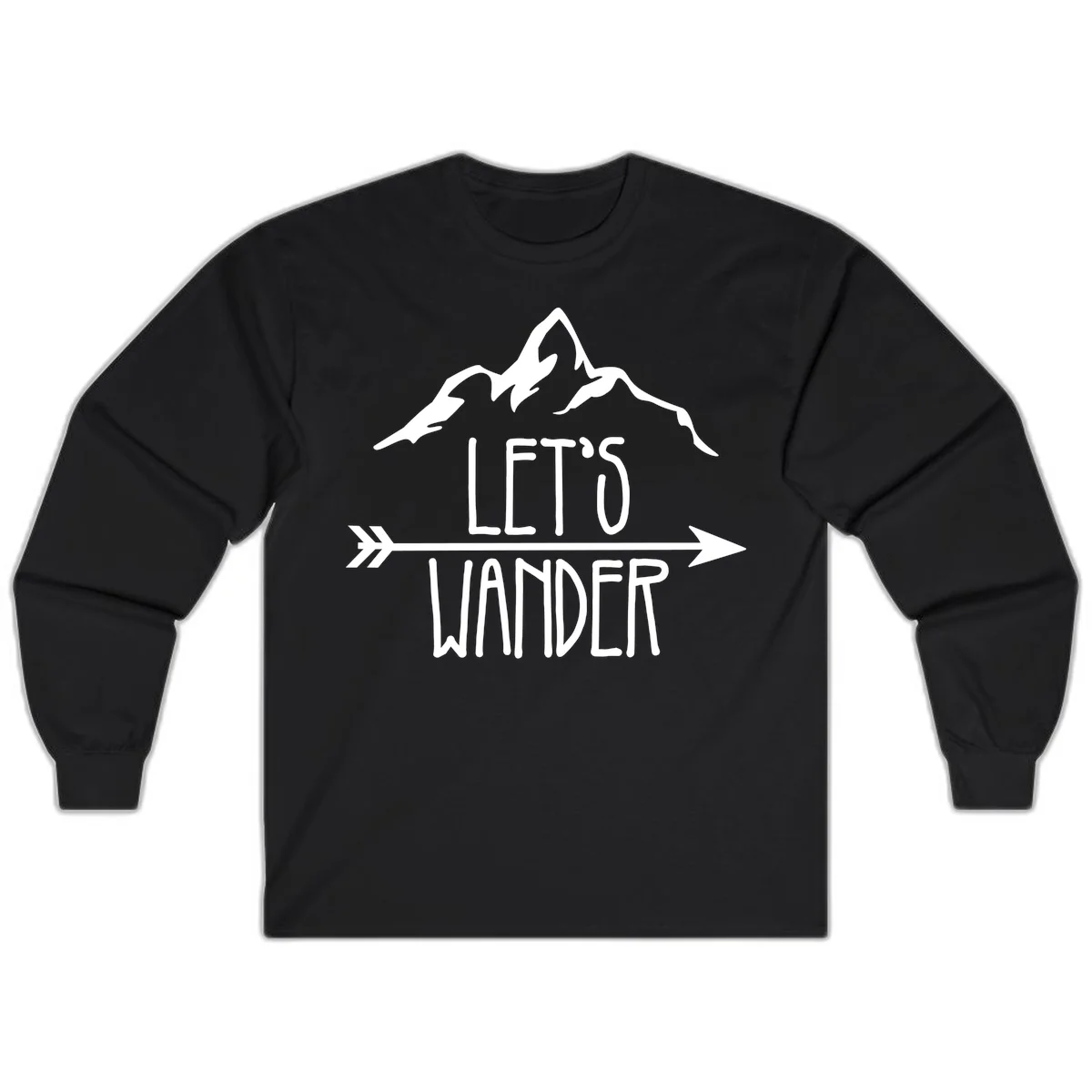 White mountain peaks with 'Let's Go Wander' text and directional arrow on gray background, minimalist camping design in Black