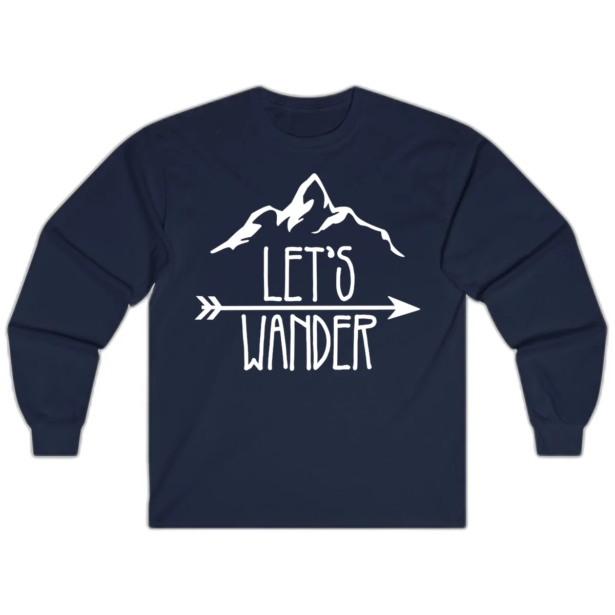 White mountain peaks with 'Let's Go Wander' text and directional arrow on gray background, minimalist camping design in Navy