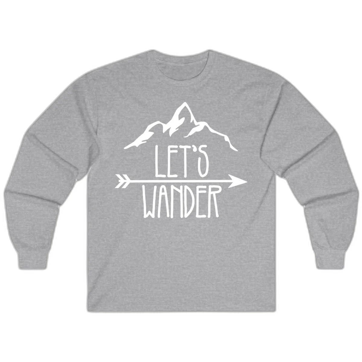 White mountain peaks with 'Let's Go Wander' text and directional arrow on gray background, minimalist camping design in Sport Grey
