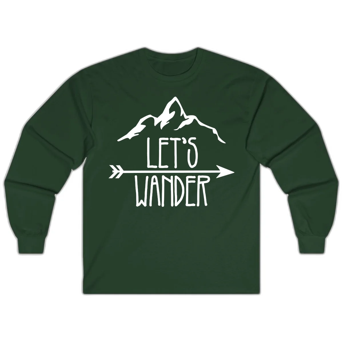 White mountain peaks with 'Let's Go Wander' text and directional arrow on gray background, minimalist camping design in Forest Green