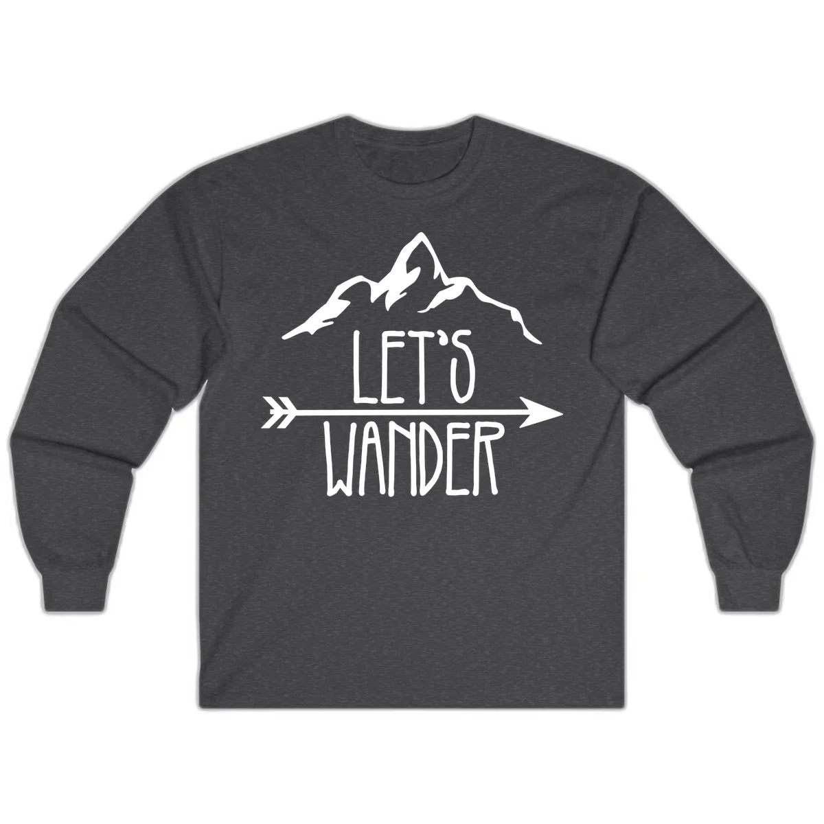 White mountain peaks with 'Let's Go Wander' text and directional arrow on gray background, minimalist camping design in Dark Heather