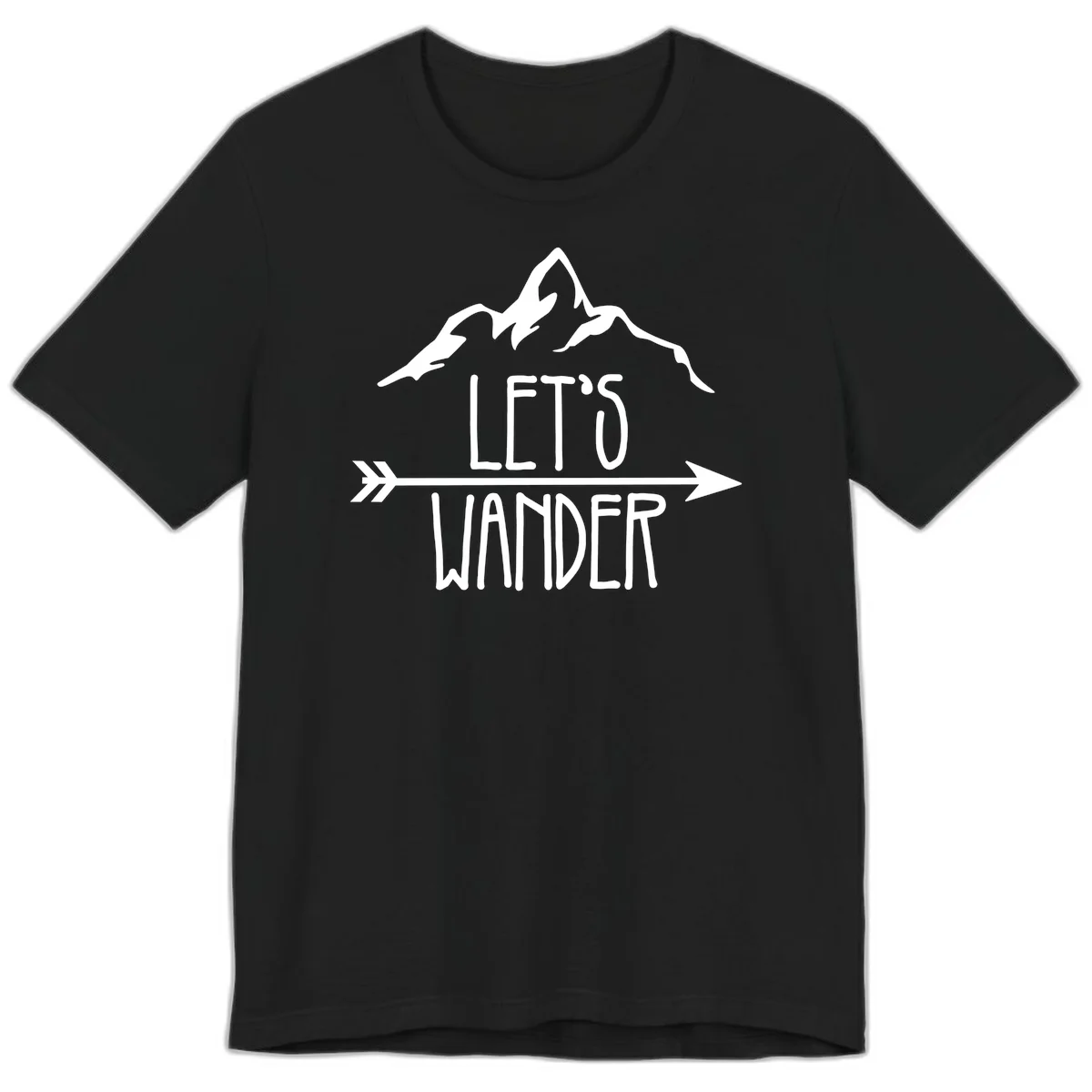 White mountain peaks with 'Let's Go Wander' text and directional arrow on gray background, minimalist camping design in Black