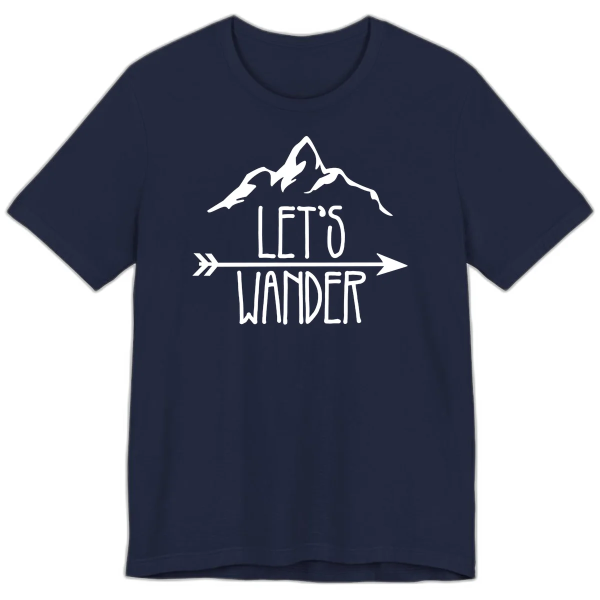 White mountain peaks with 'Let's Go Wander' text and directional arrow on gray background, minimalist camping design in Navy