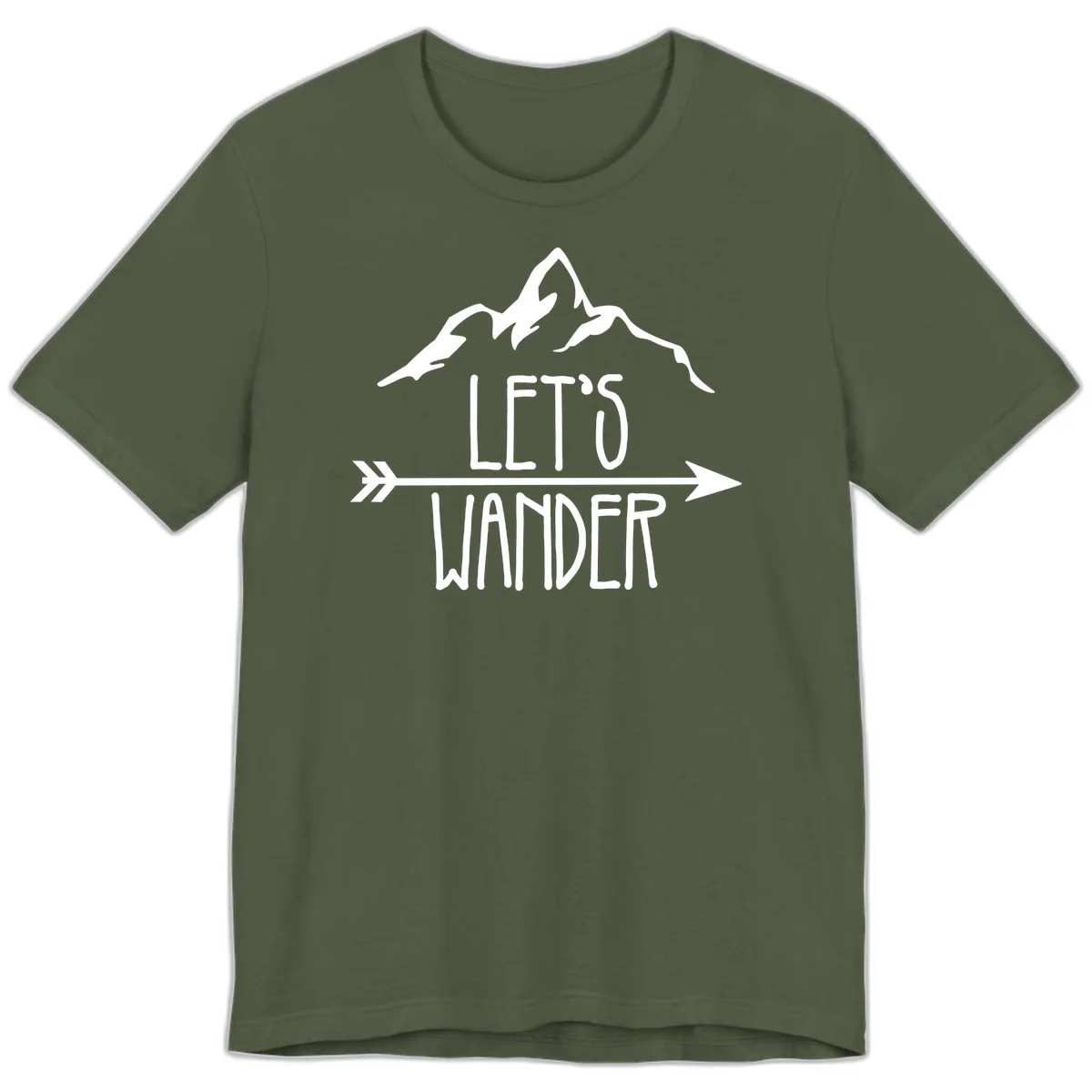 White mountain peaks with 'Let's Go Wander' text and directional arrow on gray background, minimalist camping design in Military Green