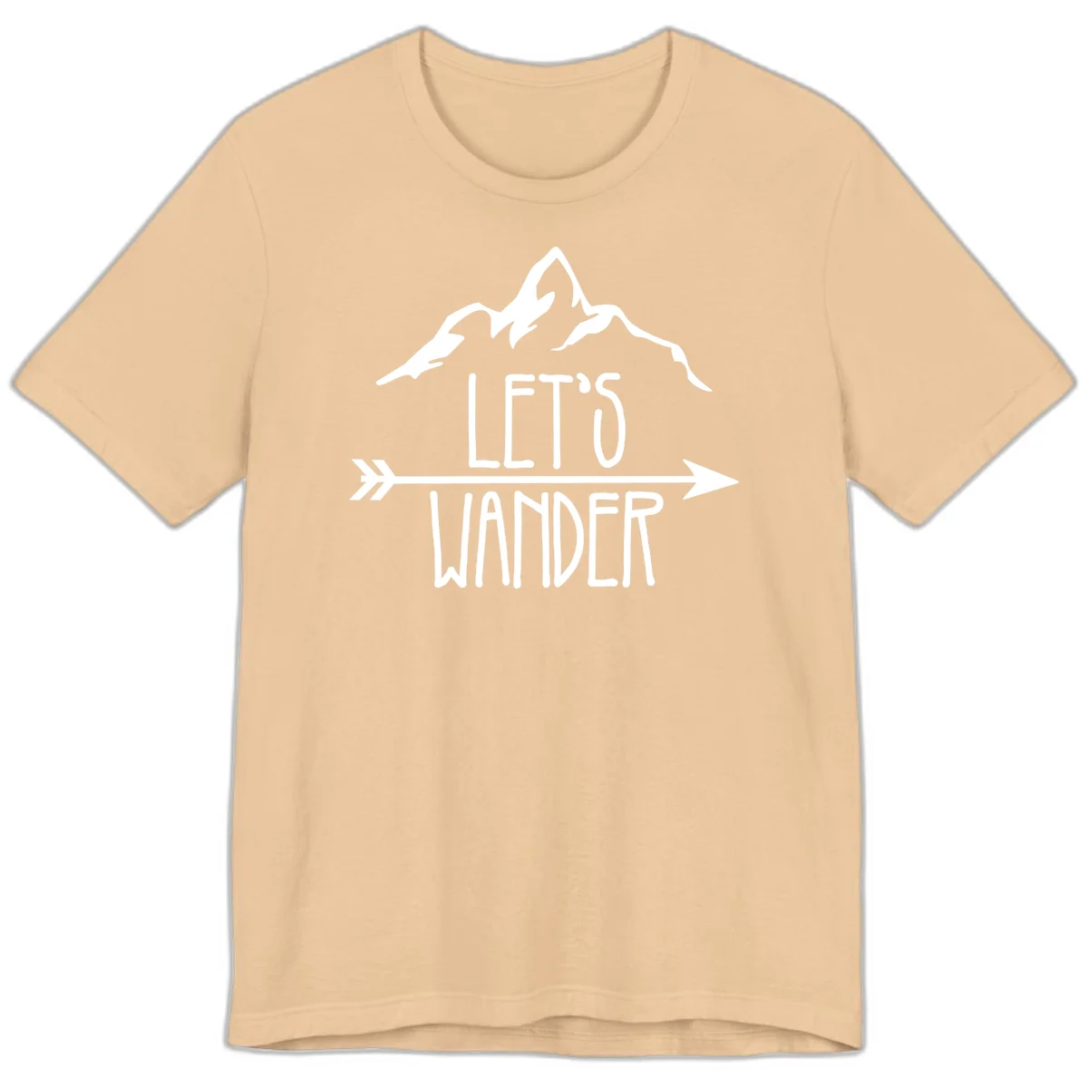 White mountain peaks with 'Let's Go Wander' text and directional arrow on gray background, minimalist camping design in Sand Dune