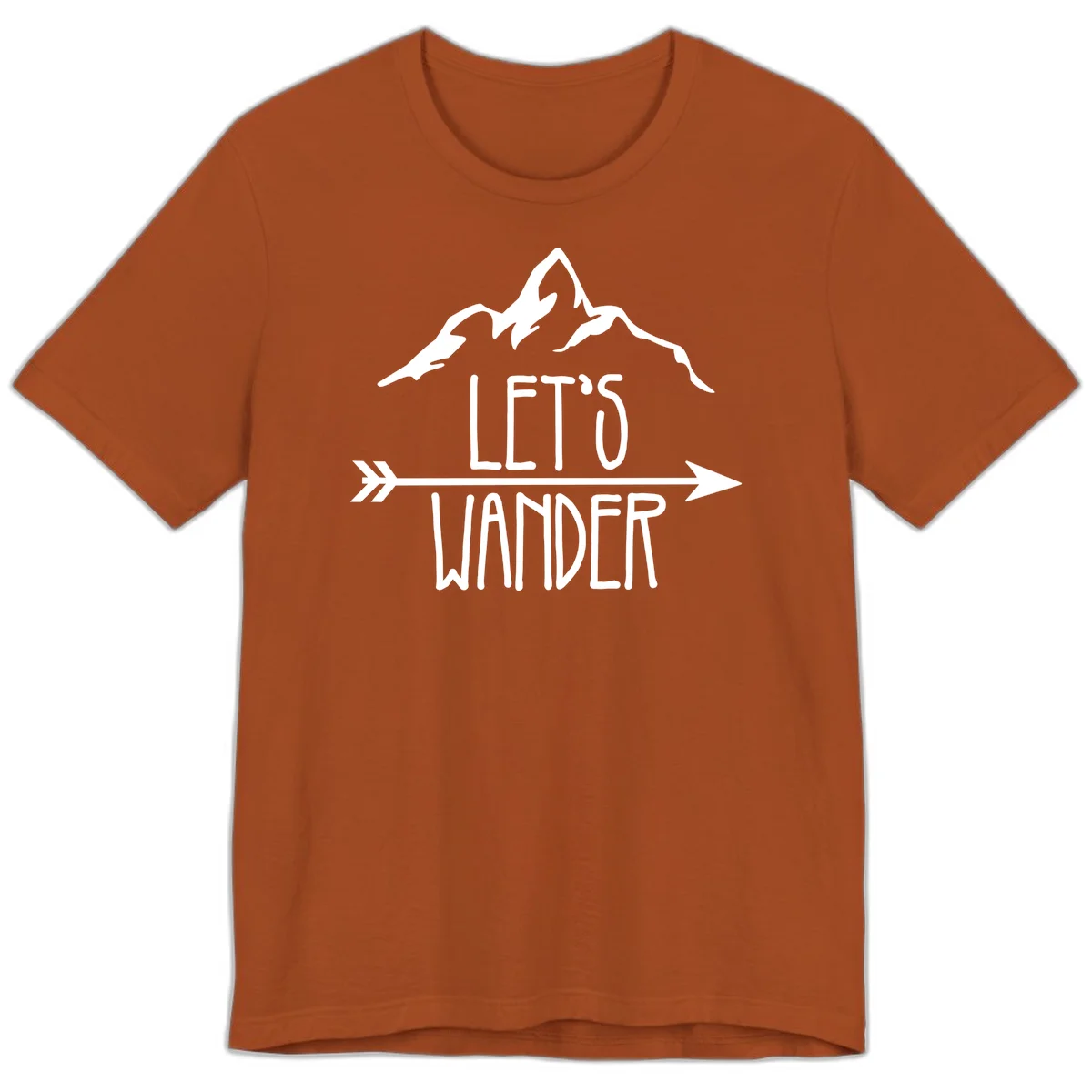 White mountain peaks with 'Let's Go Wander' text and directional arrow on gray background, minimalist camping design in Autumn