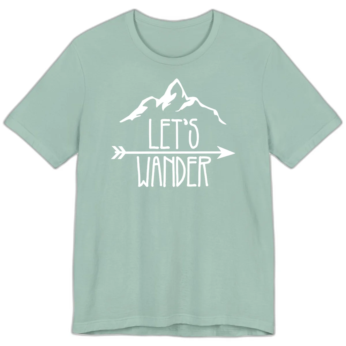White mountain peaks with 'Let's Go Wander' text and directional arrow on gray background, minimalist camping design in Dusty Blue