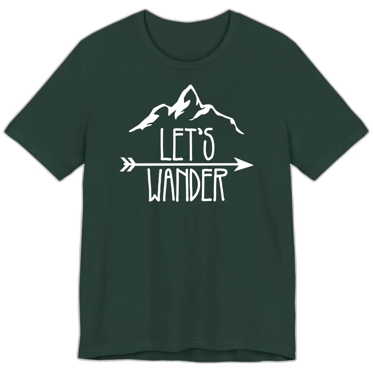 White mountain peaks with 'Let's Go Wander' text and directional arrow on gray background, minimalist camping design in Forest