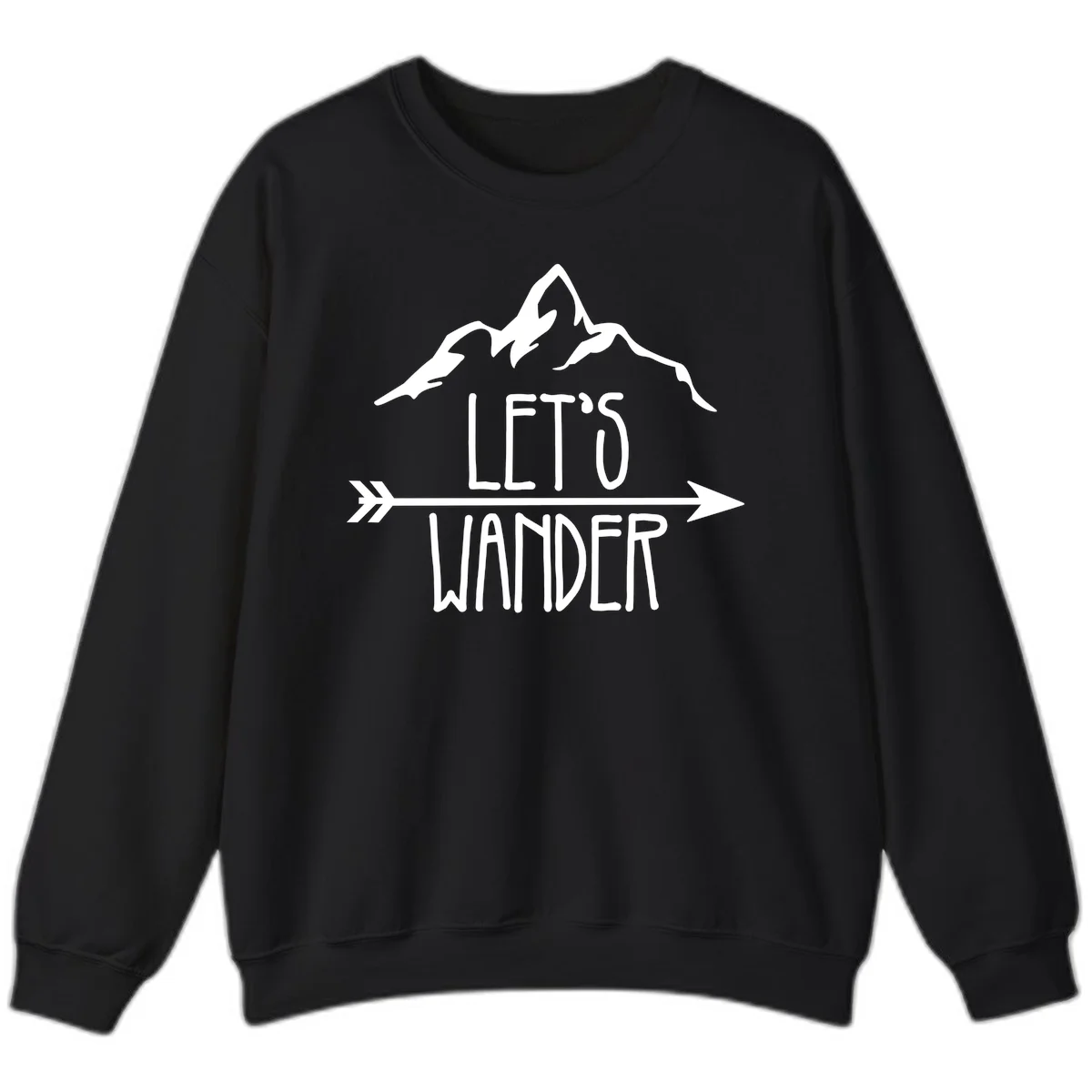 White mountain peaks with 'Let's Go Wander' text and directional arrow on gray background, minimalist camping design in Black