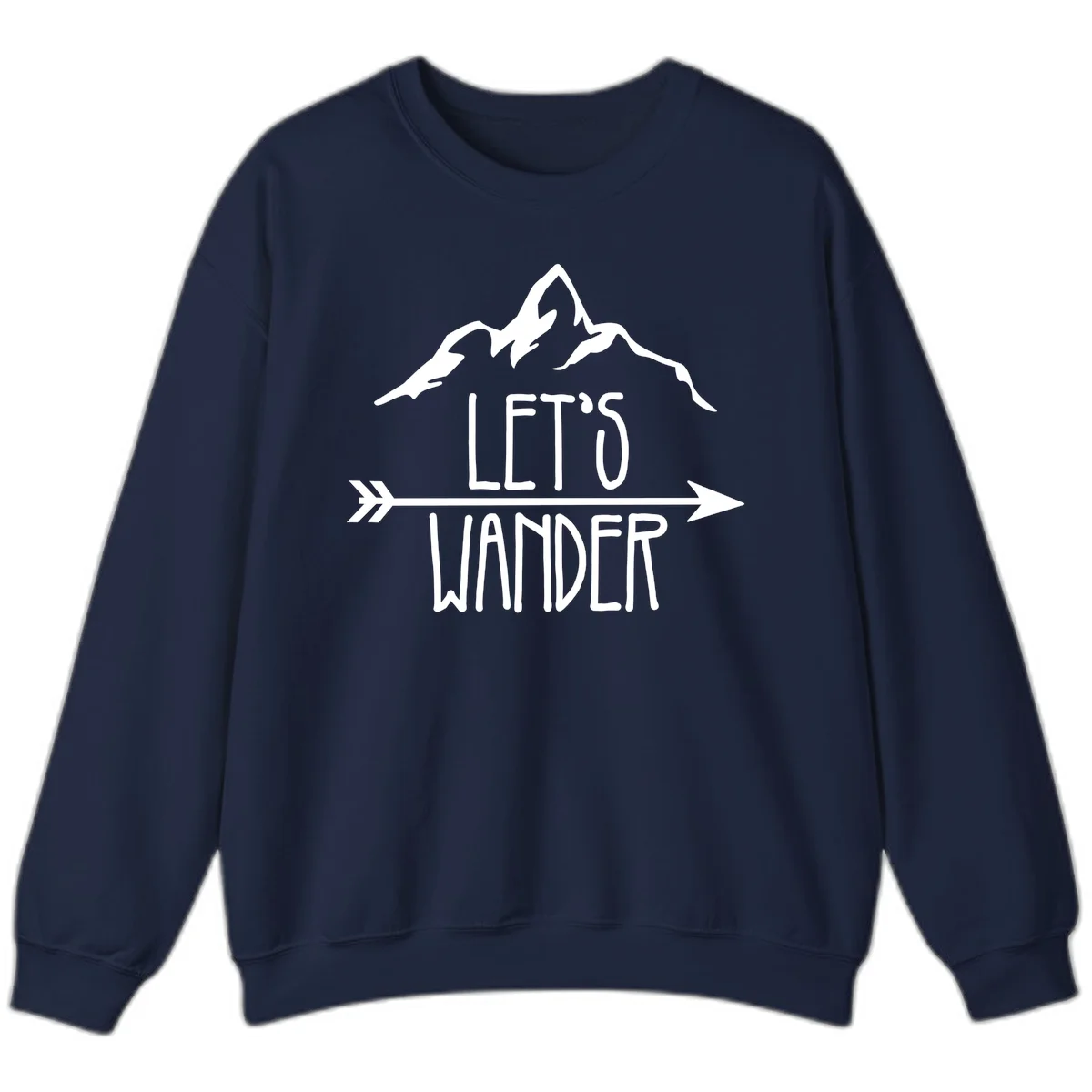 White mountain peaks with 'Let's Go Wander' text and directional arrow on gray background, minimalist camping design in Navy