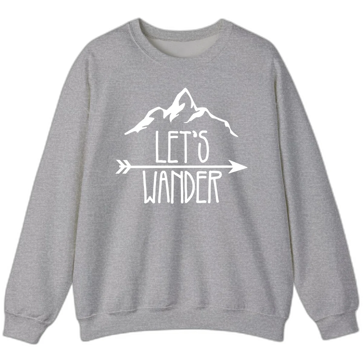 White mountain peaks with 'Let's Go Wander' text and directional arrow on gray background, minimalist camping design in Sport Grey