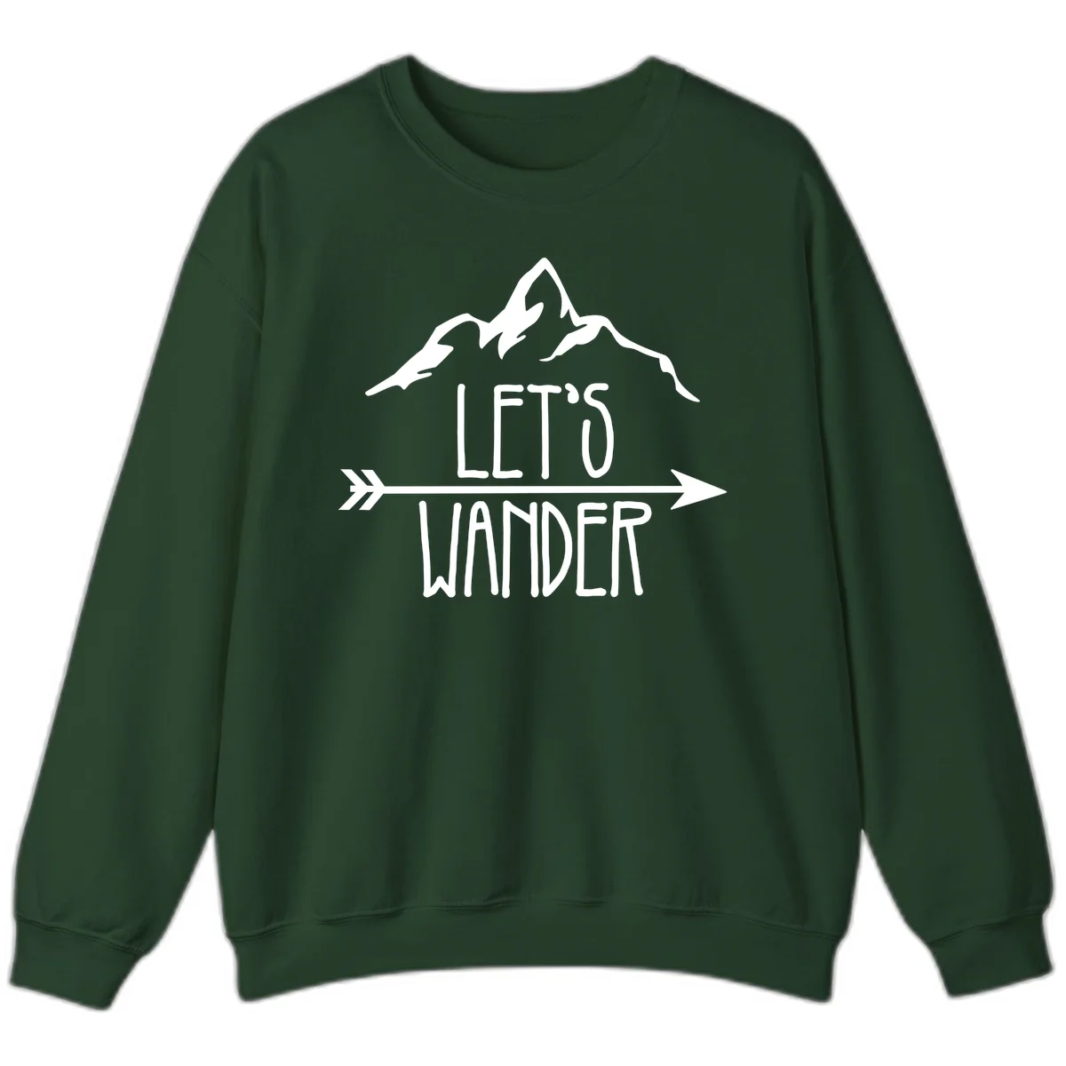 White mountain peaks with 'Let's Go Wander' text and directional arrow on gray background, minimalist camping design in Forest Green