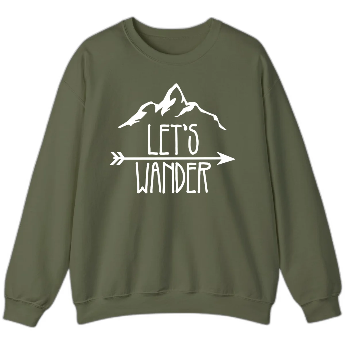 White mountain peaks with 'Let's Go Wander' text and directional arrow on gray background, minimalist camping design in Military Green