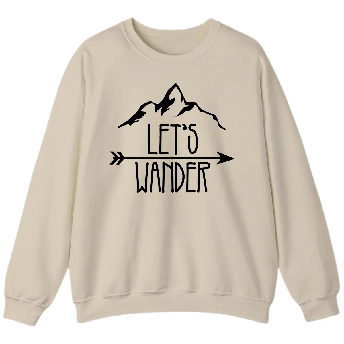 White mountain peaks with 'Let's Go Wander' text and directional arrow on gray background, minimalist camping design in Sand