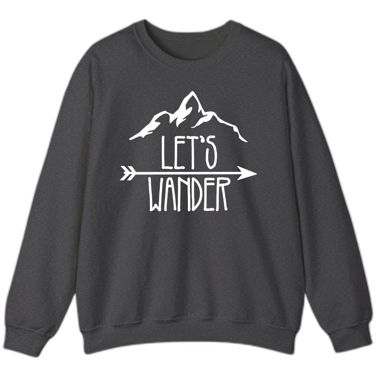 White mountain peaks with 'Let's Go Wander' text and directional arrow on gray background, minimalist camping design in Dark Heather