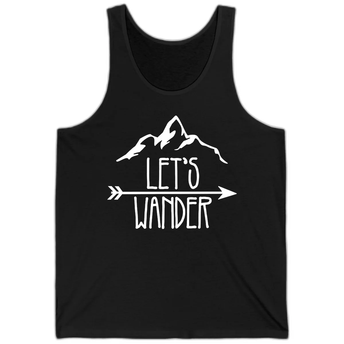 White mountain peaks with 'Let's Go Wander' text and directional arrow on gray background, minimalist camping design in Black