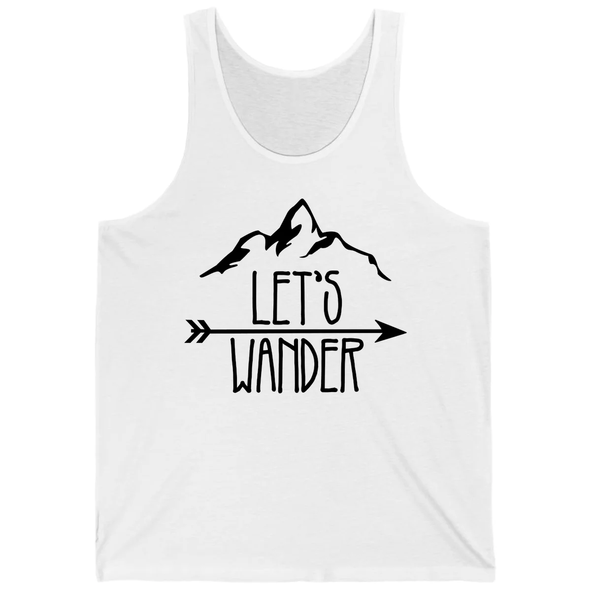 White mountain peaks with 'Let's Go Wander' text and directional arrow on gray background, minimalist camping design in White
