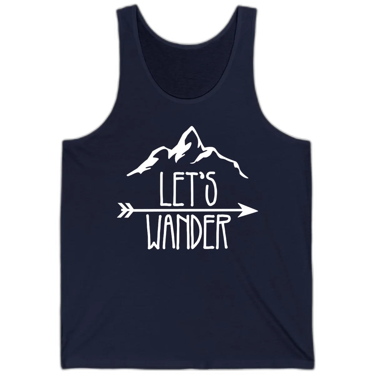 White mountain peaks with 'Let's Go Wander' text and directional arrow on gray background, minimalist camping design in Navy