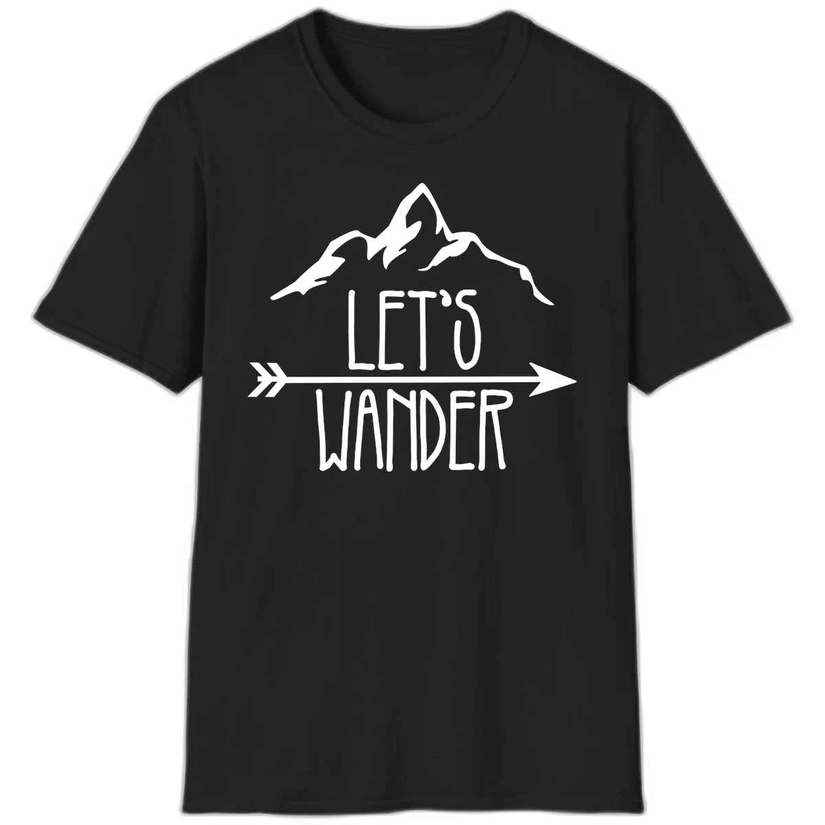 White mountain peaks with 'Let's Go Wander' text and directional arrow on gray background, minimalist camping design in Black