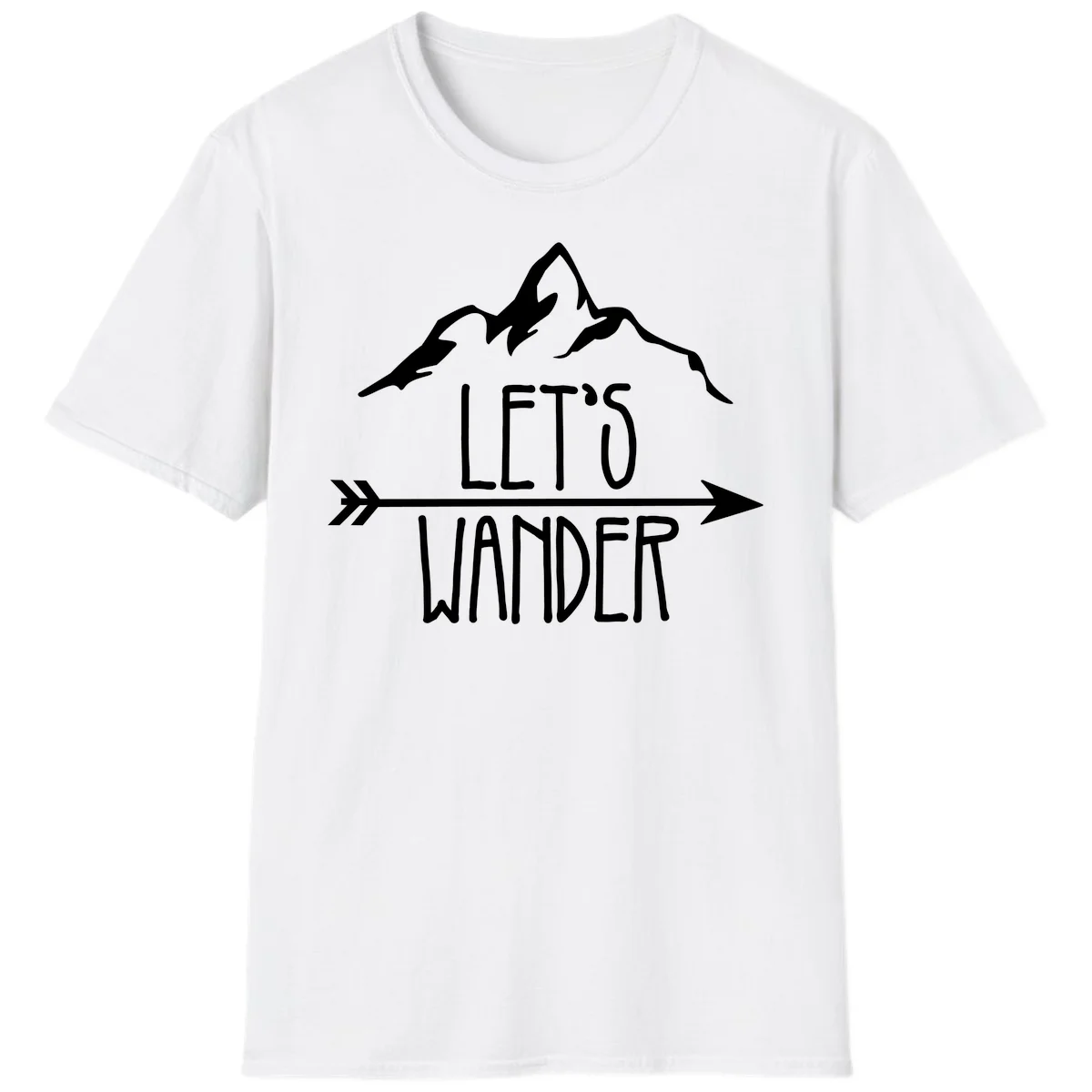 White mountain peaks with 'Let's Go Wander' text and directional arrow on gray background, minimalist camping design in White
