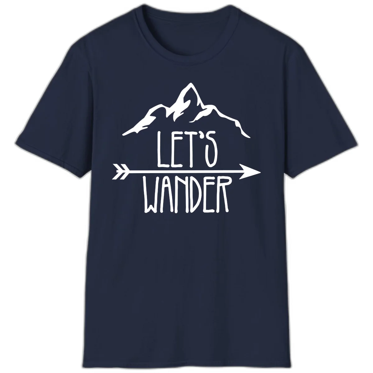 White mountain peaks with 'Let's Go Wander' text and directional arrow on gray background, minimalist camping design in Navy