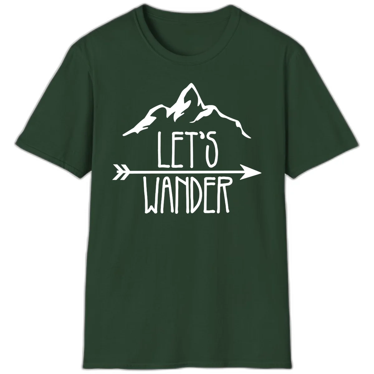 White mountain peaks with 'Let's Go Wander' text and directional arrow on gray background, minimalist camping design in Forest Green