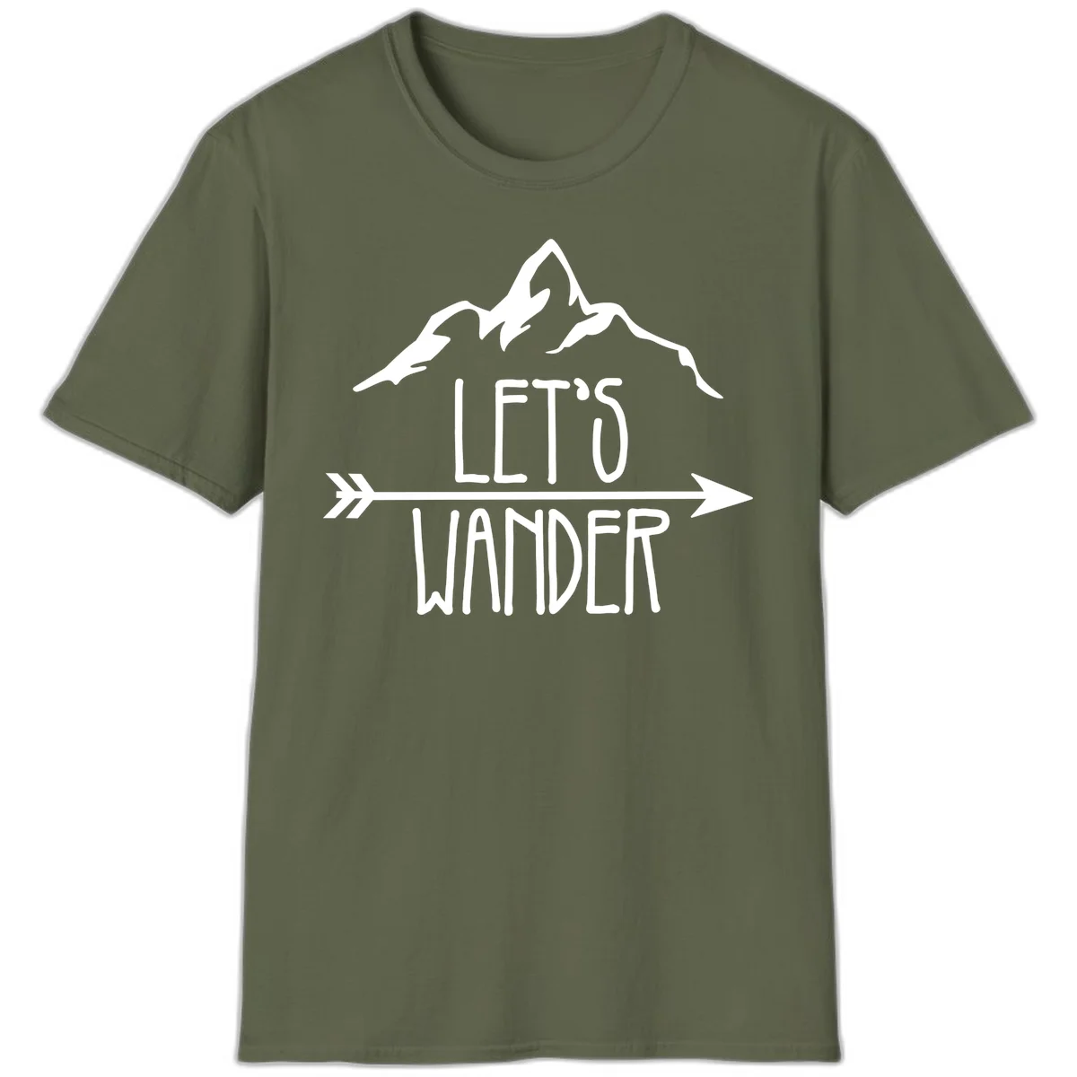 White mountain peaks with 'Let's Go Wander' text and directional arrow on gray background, minimalist camping design in Military Green
