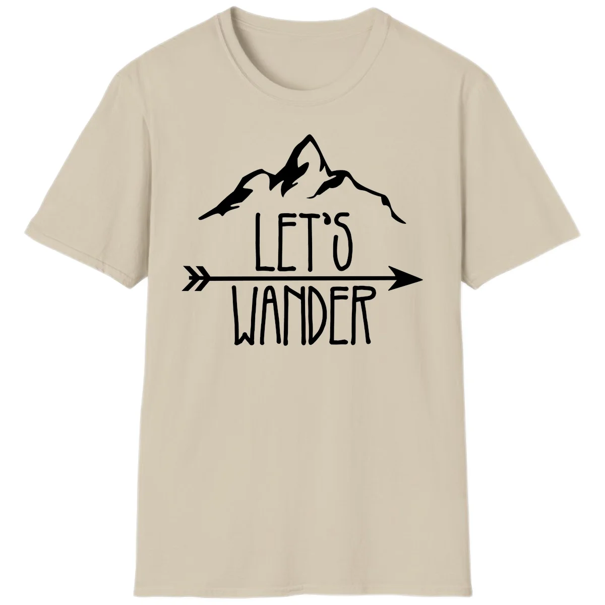 White mountain peaks with 'Let's Go Wander' text and directional arrow on gray background, minimalist camping design in Sand