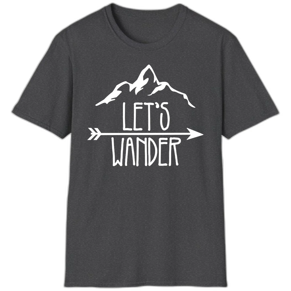 White mountain peaks with 'Let's Go Wander' text and directional arrow on gray background, minimalist camping design in Dark Heather