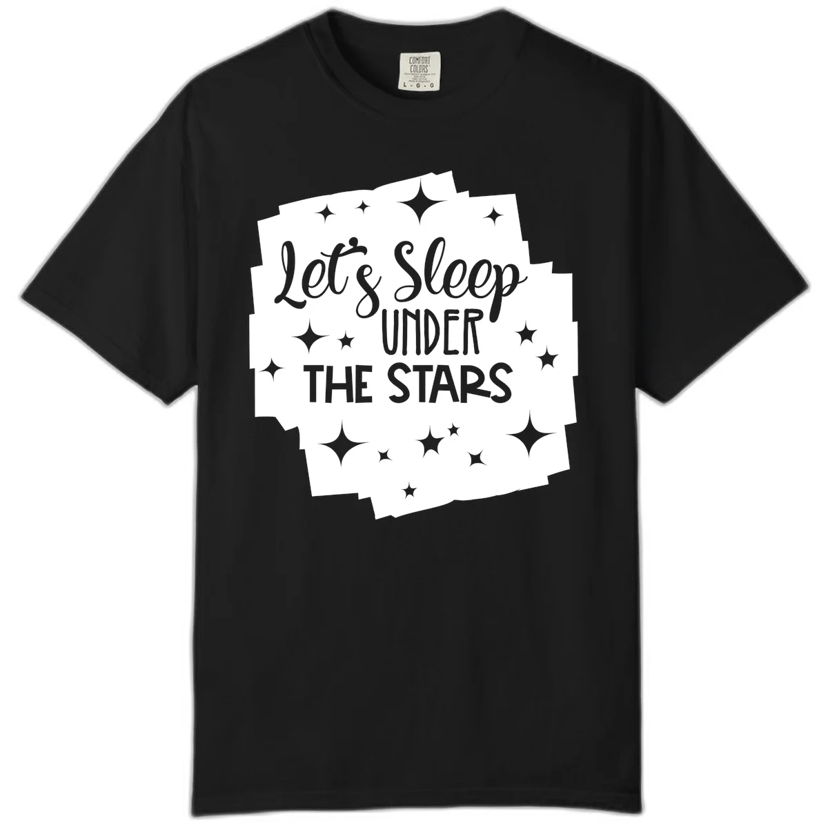 Whimsical design with 'Let's Sleep Under The Stars' text surrounded by sparkles and stars, evoking a cozy camping night. in Black