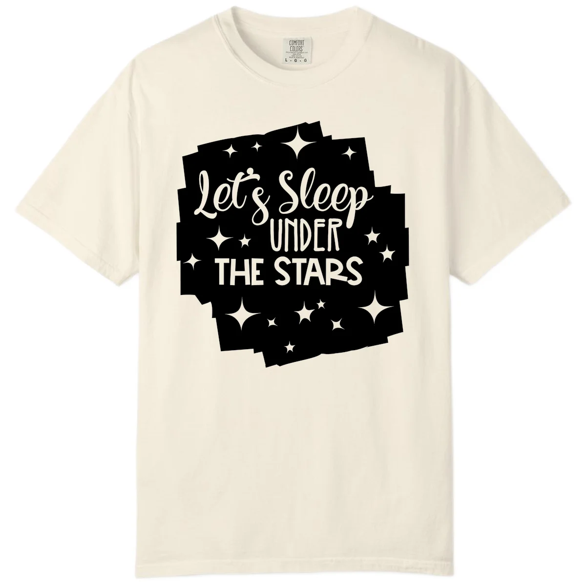 Whimsical design with 'Let's Sleep Under The Stars' text surrounded by sparkles and stars, evoking a cozy camping night. in Ivory