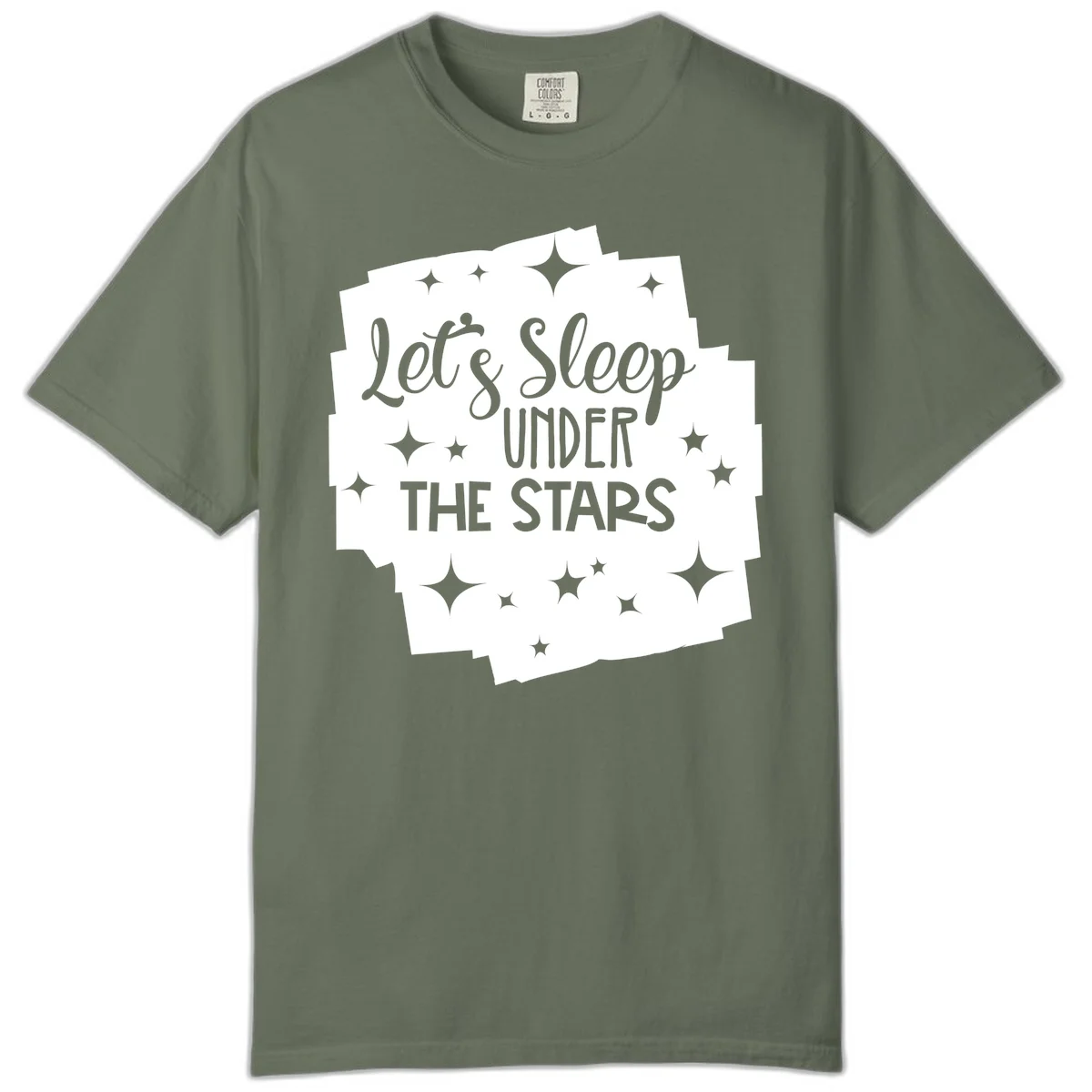 Whimsical design with 'Let's Sleep Under The Stars' text surrounded by sparkles and stars, evoking a cozy camping night. in Moss
