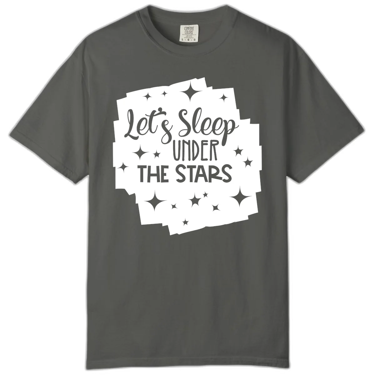 Whimsical design with 'Let's Sleep Under The Stars' text surrounded by sparkles and stars, evoking a cozy camping night. in Pepper