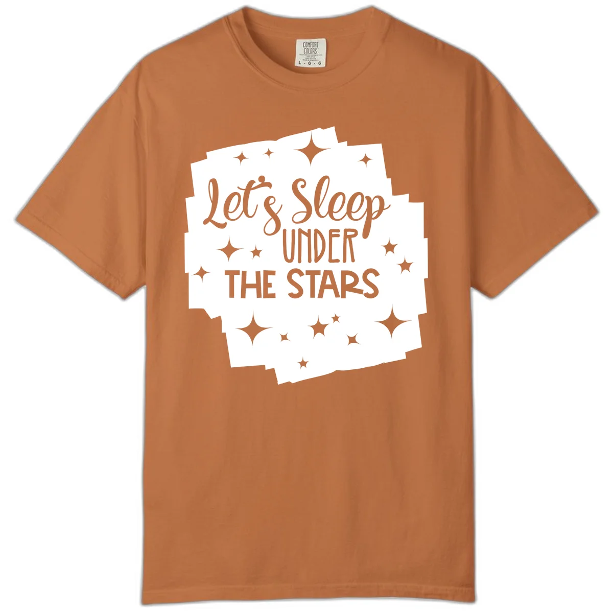 Whimsical design with 'Let's Sleep Under The Stars' text surrounded by sparkles and stars, evoking a cozy camping night. in Yam