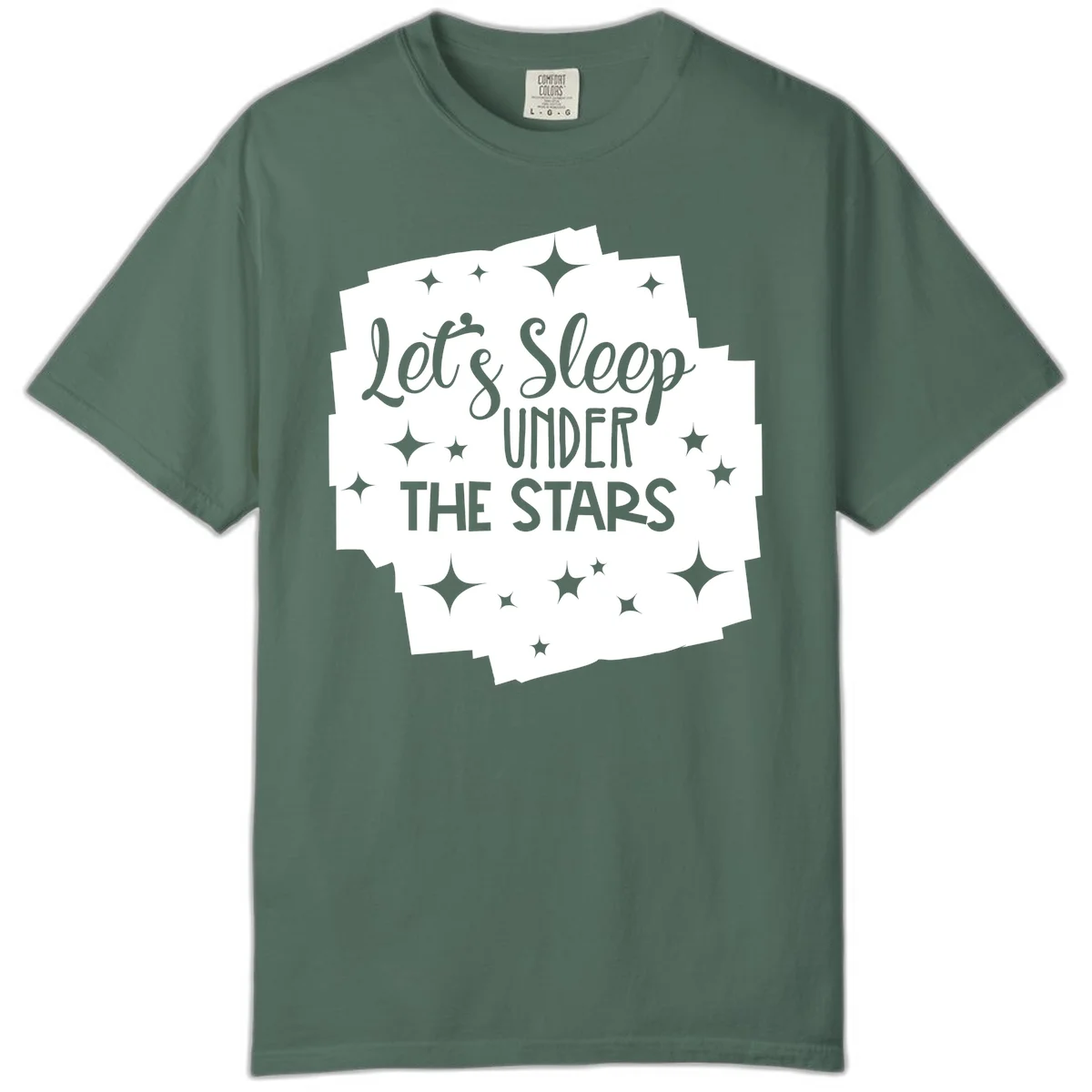 Whimsical design with 'Let's Sleep Under The Stars' text surrounded by sparkles and stars, evoking a cozy camping night. in Blue Spruce