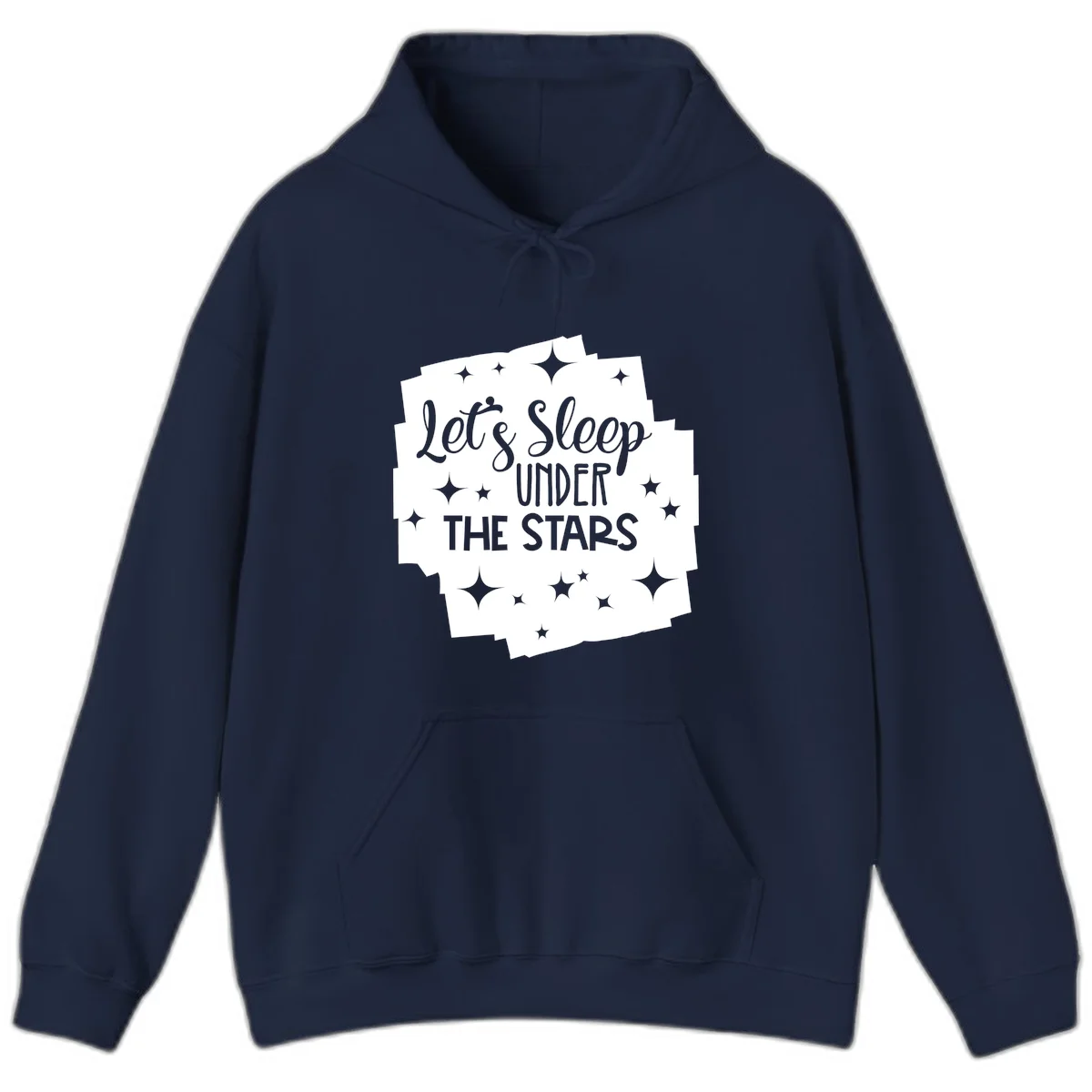 Whimsical design with 'Let's Sleep Under The Stars' text surrounded by sparkles and stars, evoking a cozy camping night. in Navy