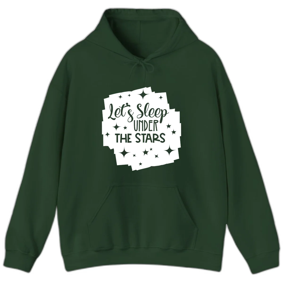 Whimsical design with 'Let's Sleep Under The Stars' text surrounded by sparkles and stars, evoking a cozy camping night. in Forest Green