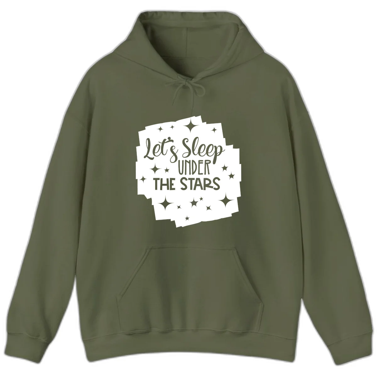 Whimsical design with 'Let's Sleep Under The Stars' text surrounded by sparkles and stars, evoking a cozy camping night. in Military Green