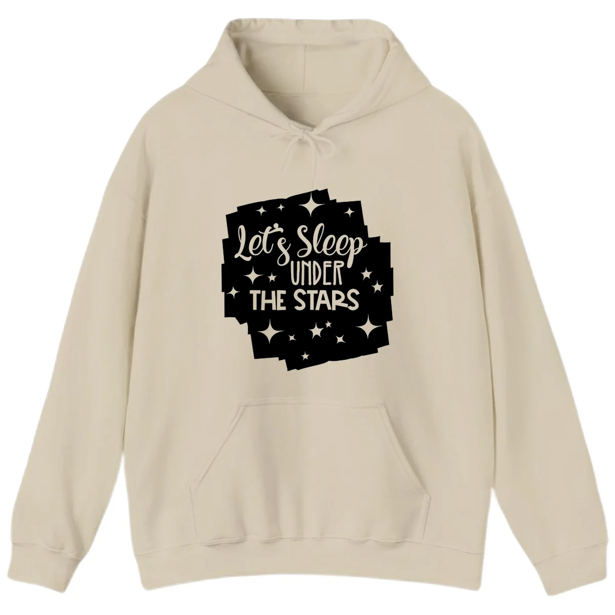 Whimsical design with 'Let's Sleep Under The Stars' text surrounded by sparkles and stars, evoking a cozy camping night. in Sand